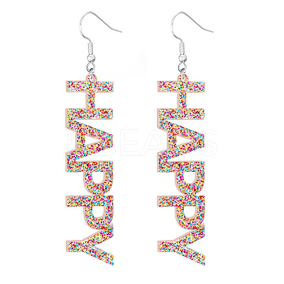 Bling Acrylic Word Happy Dangle Earrings GIPO-PW0001-017G-1