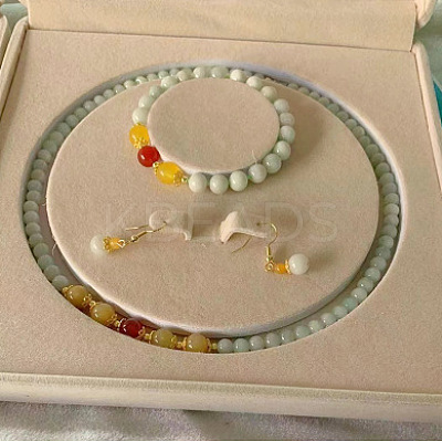 Natural Jadeite Round Beaded Necklaces & Beaded Bracelets & Dangle Earrings Sets WGE6446-06-1