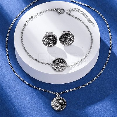 Yin-yang 304 Stainless Steel Rhinestone Pendant Necklaces & Bracelets & Stud Earrings Sets for Women SJEW-C004-17P-1