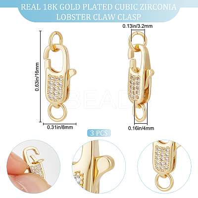3Pcs Brass Micro Pave Clear Cubic Zirconia Lobster Claw Clasps ZIRC-BBC0002-19-1