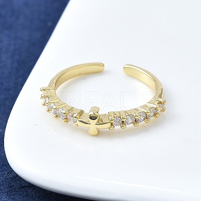 Brass Micro Pave Clear Cubic Zirconia Open Cuff Rings for Women RJEW-F179-07G-1