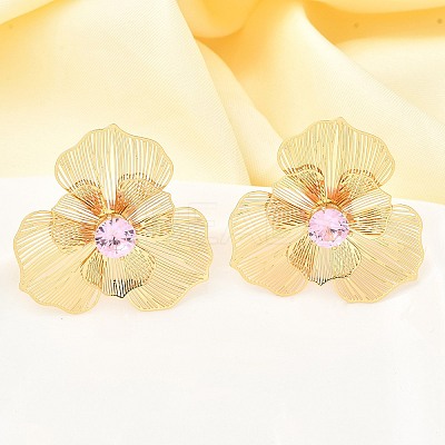 Flower Brass Micro Pave Cubic Zirconia Stud Earrings EJEW-F391-07G-03-1