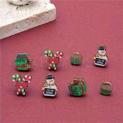 4 Pairs Candy Cane & Snowman & Christmas Gift Printed Wood Stud Earrings EJEW-OY001-01-1