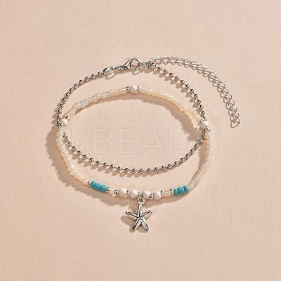 1Pc Starfish Alloy Charm Glass Seed Beaded Stretch Anklets and 1Pc Alloy Ball Chain Anklets FS-WGED47C-01-1