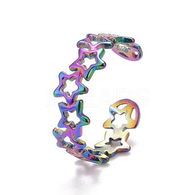 Rainbow Color Ion Plating(IP) 304 Stainless Steel Star Wrap Open Cuff Ring for Women RJEW-A005-36MC-1