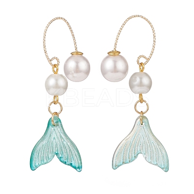Glass Whale Tail with Imitation Pearl Cuff Earrings EJEW-JE04996-1