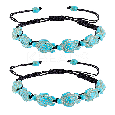 2Pcs Synthetic Turquoise Tortoise Braided Bead Bracelet BJEW-LP0001-03-1