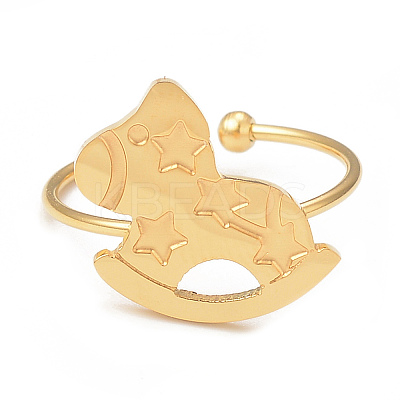 Ion Plating(IP) 304 Stainless Steel Rocking Horse Open Cuff Ring for Women RJEW-I096-10G-1