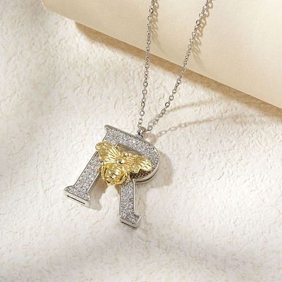 Brass Micro Pave Clear Cubic Zirconia Bee Initial Pendant Necklaces FS-WGF5E80-18-1