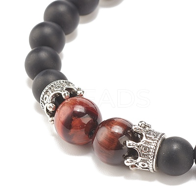 Natural Frosted Dyed & Heated Black Agate & Tiger Eye Braided Bead Bracelet with Alloy Crown BJEW-JB08249-05-1