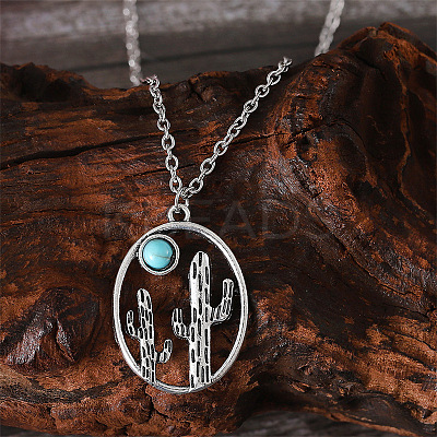 Alloy with Synthetic Turquoise Oval with Cactus Pendant Necklaces FS-WG3DEAB-03-1