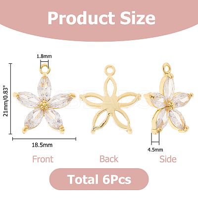 6Pcs Brass Micro Pave Clear Cubic Zirconia Pendants ZIRC-HS0001-08-1