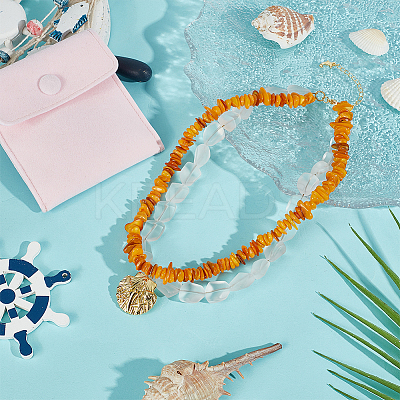 Dyed Natural Freshwater Shell Chip & Transparent Frosted Glass Nuggets Beaded Brass Shell Shaped Pendant Double Layer Necklaces NJEW-OC00005-1