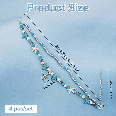 4Pcs Alloy Tortoise Charm Double Layer Multi-strand Anklet AJEW-AR0001-67-1