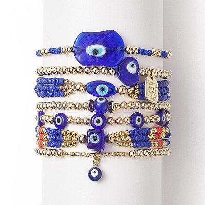 7Pcs 7 Style Evil Eye Lampwork & Glass Seed & Brass Beaded Stretch Bracelets Set for Women BJEW-JB09249-03-1