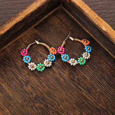 Flower Brass Glass Seed Beaded Hoop Earrings FS-WG0698E-01-1