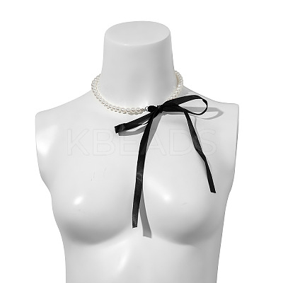Bowknot Satin Cord Plastic Imitation Pearl Round Beaded Choker Necklaces for Women WG8633D-01-1