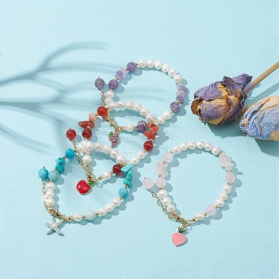 4Pcs 4 Style Grape & Apple & Peach & Starfish Alloy Enamel Charm Bracelets Set BJEW-TA00287-1
