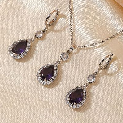 Brass Micro Pave Clear Cubic Zirconia & Glass Teardrop Pendant Necklaces & Earrings Sets for Women RT7280-1