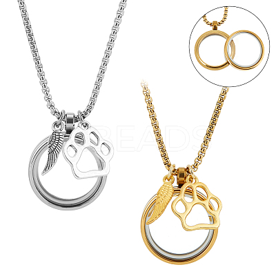 2Pcs 2 Colors Stainless Steel Paw Print Feather Flat Rond Pet Fur Locket Pendant Box Chain Necklaces NJEW-DR00016-1