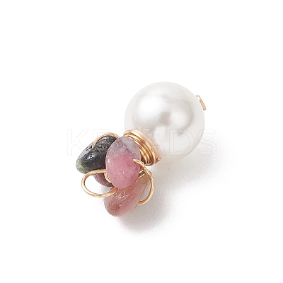 Natural Tourmaline Chip with Copper Wire Wrapped Shell Pearl Pendants PALLOY-JF04951-01-1