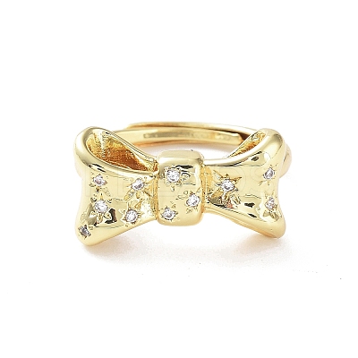 Bowknot Rack Plating Brass Micro Pave Clear Cubic Zirconia Adjustable Rings for Women RJEW-D020-01G-1