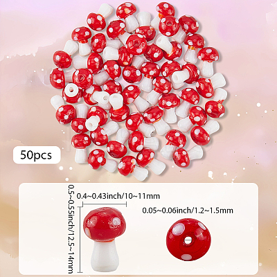 50Pcs Mushroom Handmade Lampwork Beads Strands LAMP-LT0001-06B-1