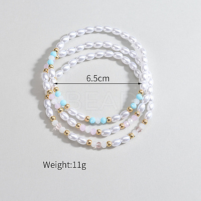 3Pcs Resin Pearl Faceted Round & Rice Beaded Stretch Anklet Sets FS-WG2E78A-01-1