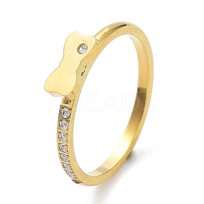 Ion Plating(IP) 304 Stainless Steel Bowknot Finger Ring with Cubic Zirconia RJEW-K224-15G-1
