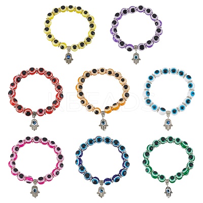 6Pcs 6 Colors Evil Eye Resin Beaded Stretch Bracelets Set with Hamsa Hand Charms BJEW-AN0001-66-1