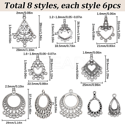 48Pcs 8 Style Tibetan Style Alloy Chandelier Component Links TIBE-SC0009-26-1