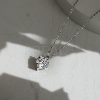 925 Sterling Silver Pave Clear Cubic Zirconia Heart Pendant Necklaces NJEW-G172-07P-1