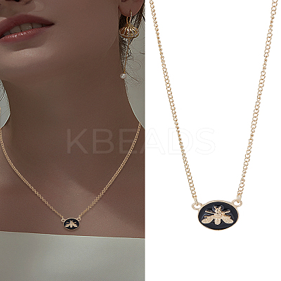 1Pc Alloy Black Enamel Flat Round with Bee Pendant Necklaces for Women NJEW-LP0004-17-1
