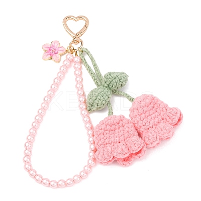 Handmade Cotton Yarn Crochet Lily of the Valley & Glass Pearl Round Bead Pendant Decorations HJEW-JM04389-04-1