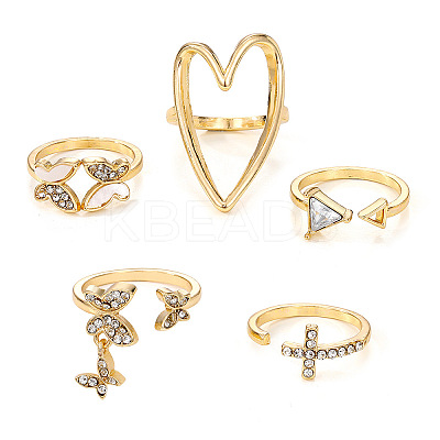 5Pcs Alloy Crystal Rhinestone & Natural Shell Finger Rings Sets FS-WG36854-01-1