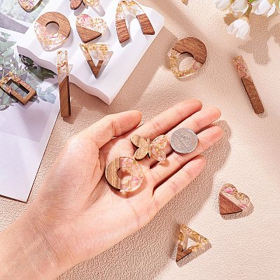 18Pcs 9 Styles Transparent Resin & Walnut Wood Pendants RESI-TA0003-35-1