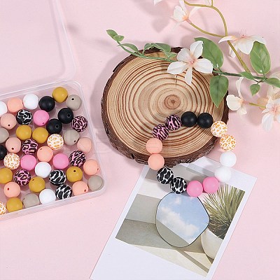 70Pcs 10 Styles Printed Round Silicone Focal Beads SIL-SZ0002-37-1