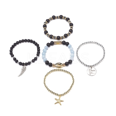 5Pcs 5 Style Natural Lava Rock & Natural Quartz & Synthetic Hematite Stretch Bracelets Set BJEW-JB08739-1