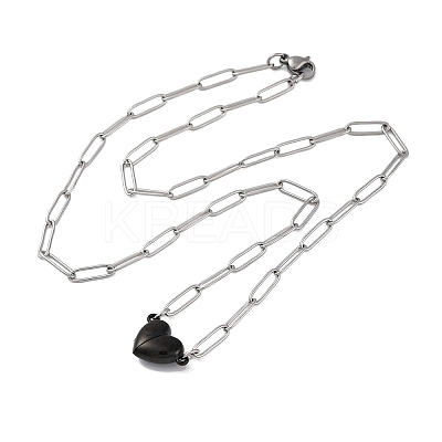 304 Stainless Steel Double-Sided Magnetic Heart Pendant Paperclip Chain Necklaces LS-NJEW-U028-02B-1