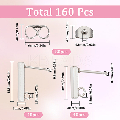 80Pcs 2 Size Rectangle 304 Stainless Steel Stud Earring Findings STAS-SC0008-55-1
