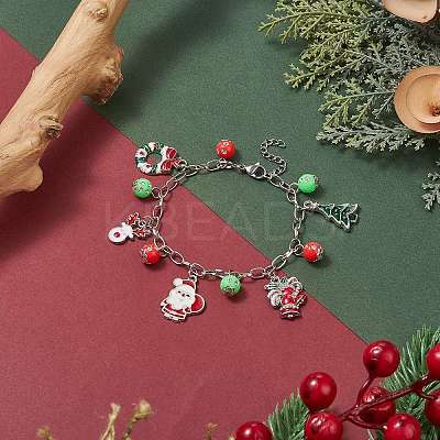 Christmas Tree & Santa Claus Alloy Enamel & Acrylic Charm Bracelet BJEW-JB09301-1