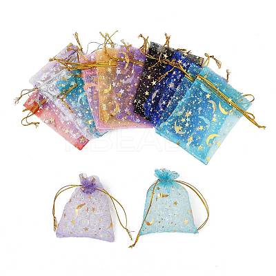 50Pcs 10 Colors Gold Stamping Moon & Star Organza Drawstring Gift Storage Bags ABAG-FS0001-11-1