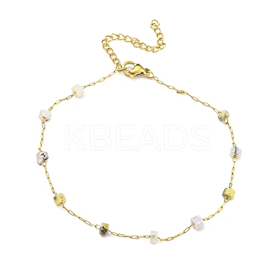 Natural Mixed Gemstone Column Beaded Anklet with PVD Vacuum Plating Golden 304 Stainless Steel Chains for Women AJEW-Z008-03-1