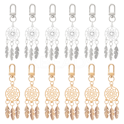 12Pcs 2 Colors Alloy Woven Web/Net with Feather Pendant Decoration HJEW-NB0001-71-1