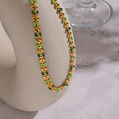 304 Stainless Steel Enamel Green Leaf Link Chain Necklaces for Women OR8327-1
