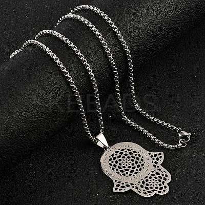 201 Stainless Steel Hollow Religion Hamsa Hand Pendant Necklaces LS-NJEW-M086-01P-1
