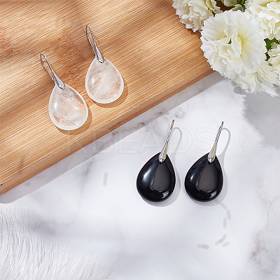 2 Pairs 2 Style Natural Quartz Crystal & Dyed & Heated Black Agate Teardrop Dangle Earrings with Brass Pins for Women EJEW-AN0004-41-1