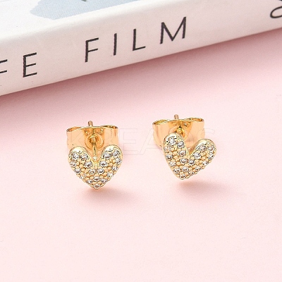 Heart Brass Micro Pave Clear Cubic Zirconia Stud Earrings EJEW-Z144-11G-1
