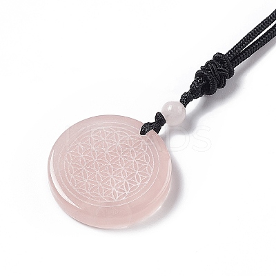 Natural Rose Quartz Flat Round with Flower of Life Pendant Necklace with Nylon Cord for Women NJEW-P274-02-06-1