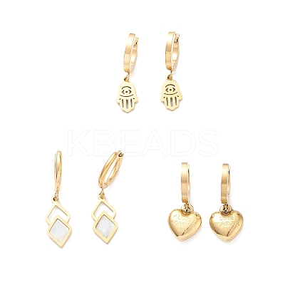 3 Pairs 3 Style Synthetic Shell Rhombus Dangle Hoop Earrings EJEW-B020-19G-1